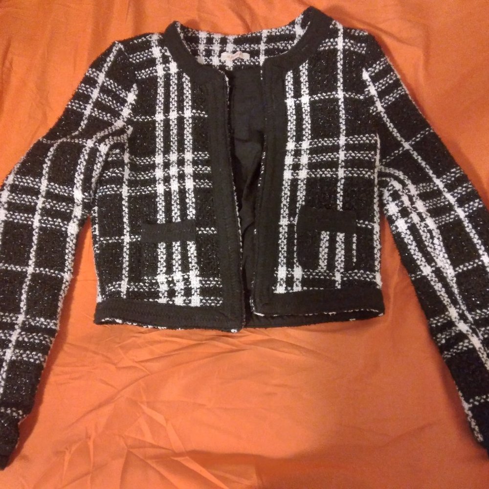 Black and white striped tweed cropped coat